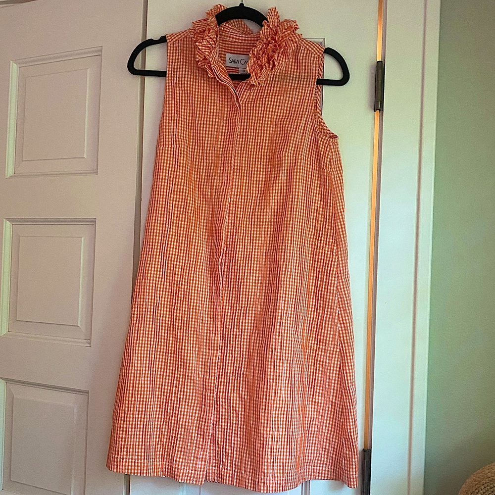 Orange gingham seersucker Sara Campbell sun dress with pockets